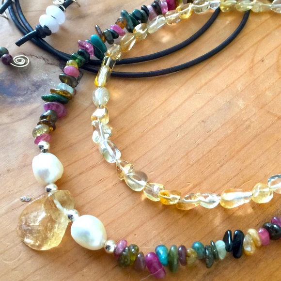 Citrine Tourmaline Pearl Silver Necklace - Picture 2 of 8